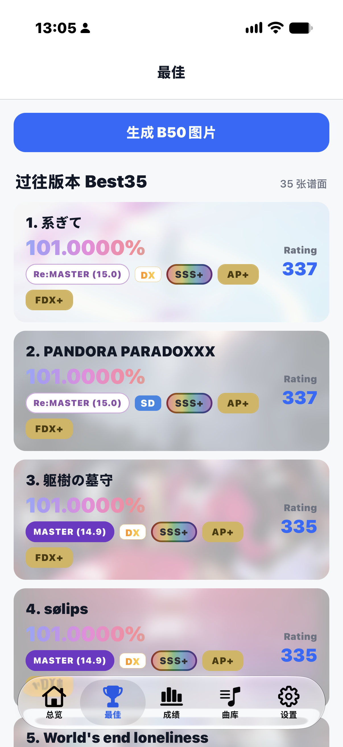 舞萌DX 最佳页：过往版本 Best35，系ぎて、PANDORA PARADOXXX 等